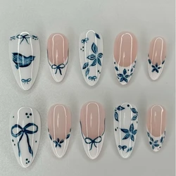 10PCS Handmade Manicure Press On Nails French Fake Nails Medium Almond False Nail Blue Bow Art with Adhesive Nail File Set