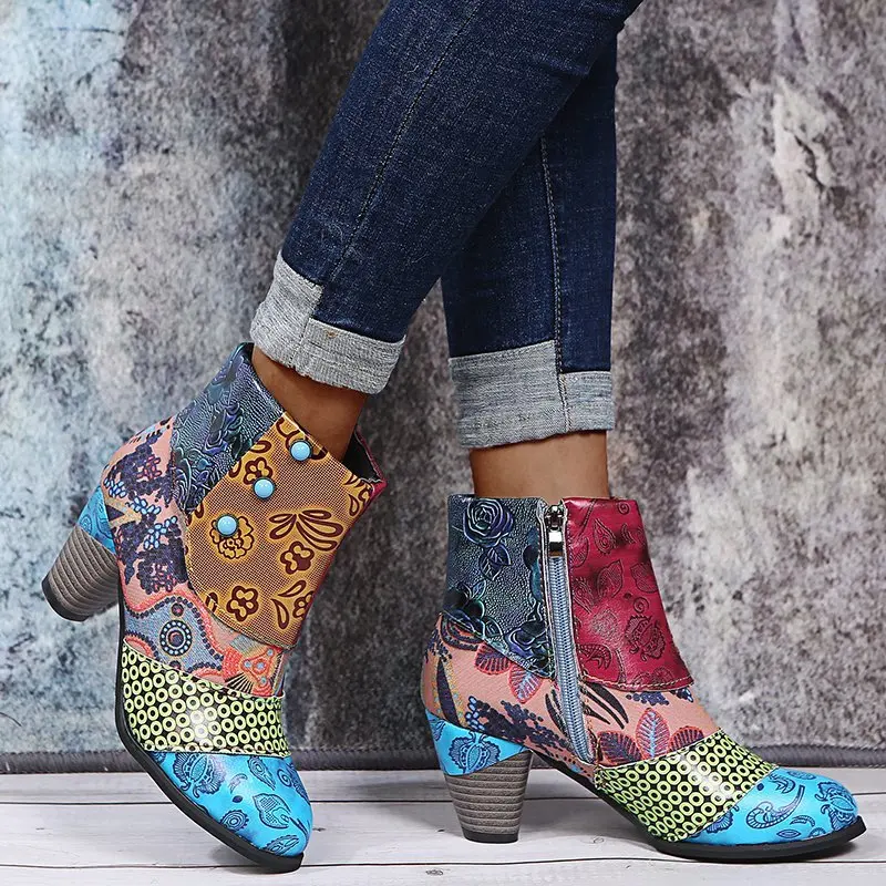 Bohemian Female Martin Boots Women Casual Retro Ethnic Wind Printing High Heels Shoes 2021 New Woman Leather Short Ankle Booties