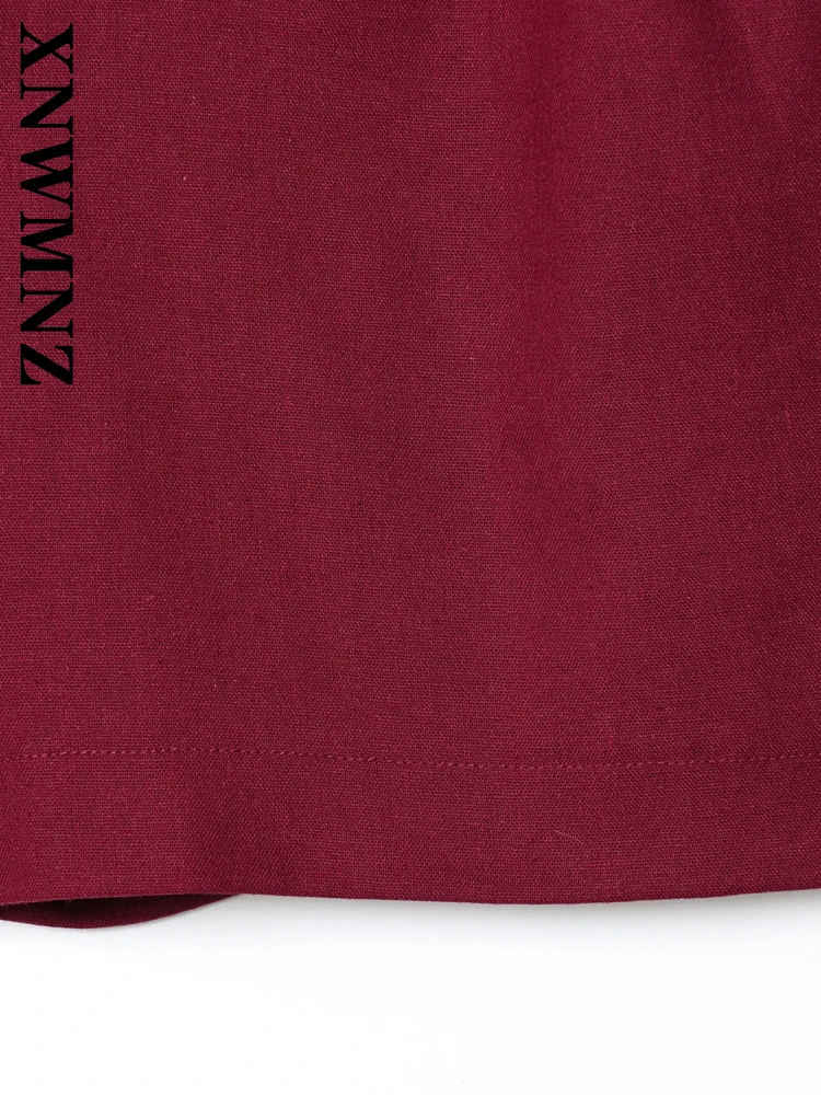 XNWMNZ 2025 Autunno Nuova Donna Semplice Pendolarismo Pulsante Pantaloni Corti di Lino Moda Casual Lady Rosso Vintage Vestibilità Regolare