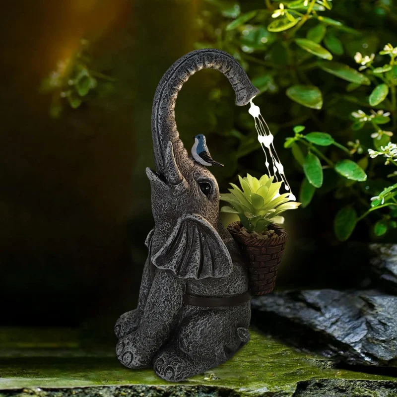 Resin craft decoration: a little elephant holding a succulent plant for watering, solar-powered garden ornament with small LED l