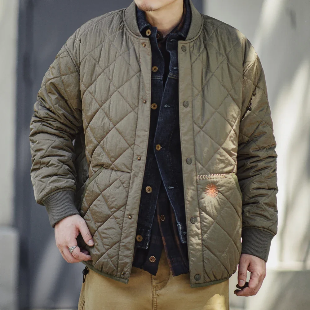 Maden Casual Quilted Baseball Jacket Thick Warm Padded Coat Green Vintage Outerwear for Men's Winter Versatile Coat with Pockets