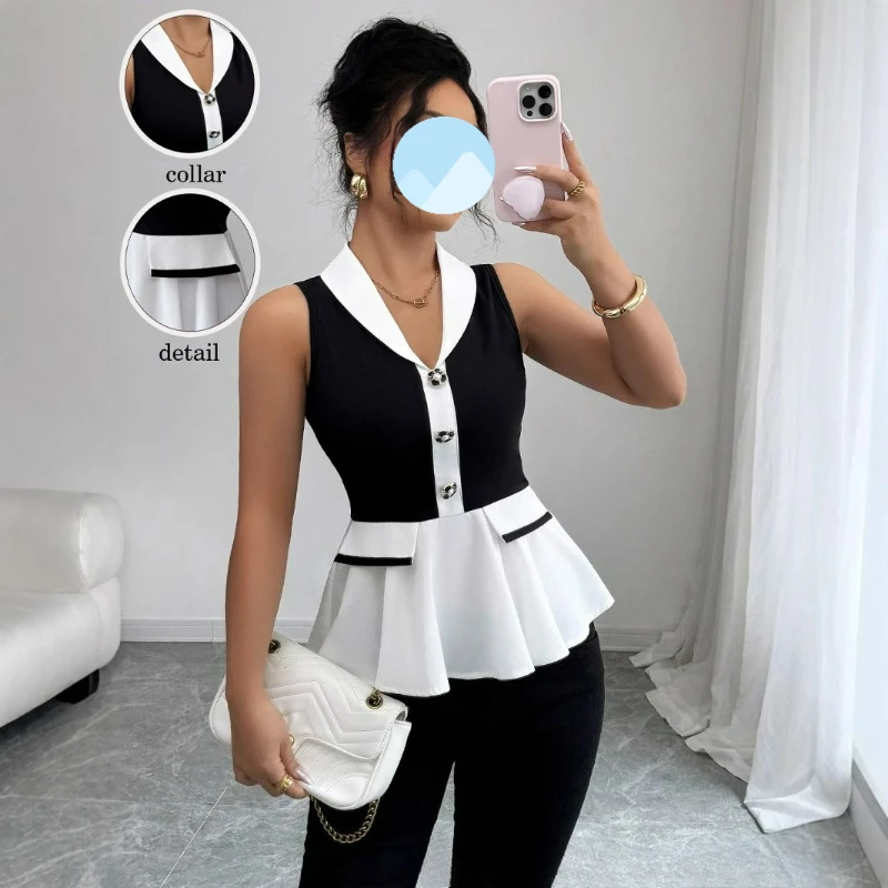 

2026 Spring Summer Collection European Style Women Clothing New Ladylike Elegant Style Cinched Waist V-neck Patchwork Suit Top