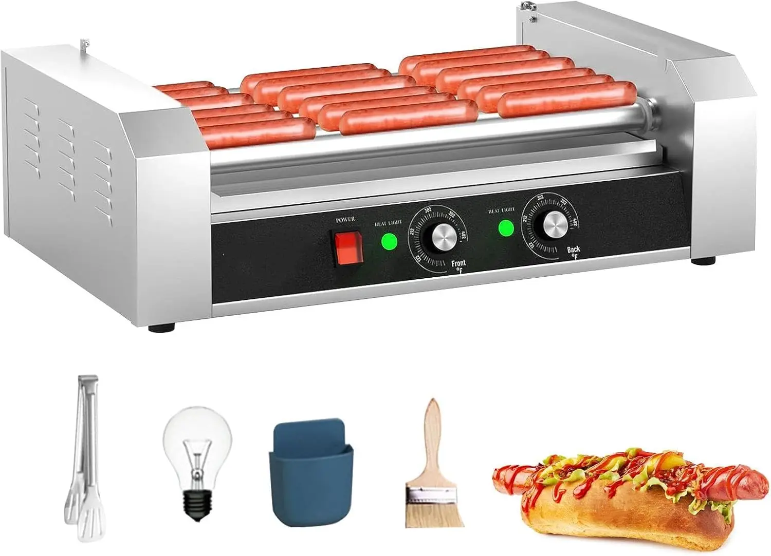 Rollers Grill Cooker Machine 1200w Stainless Sausage Grill Cooker Machine With Dual Temp Control Removable Oil Drip Tray 17 Hot