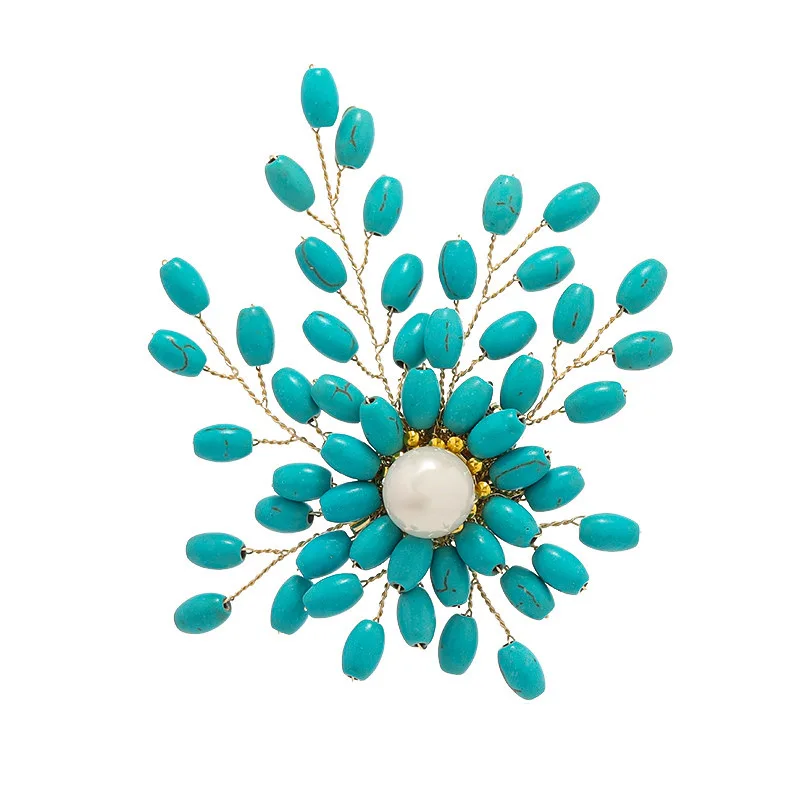 2024 New Handmade Turquoise Inlaid Pearl High-grade Brooches Simple Large Corsage Coat Sweater Accessories Pins Female Gift