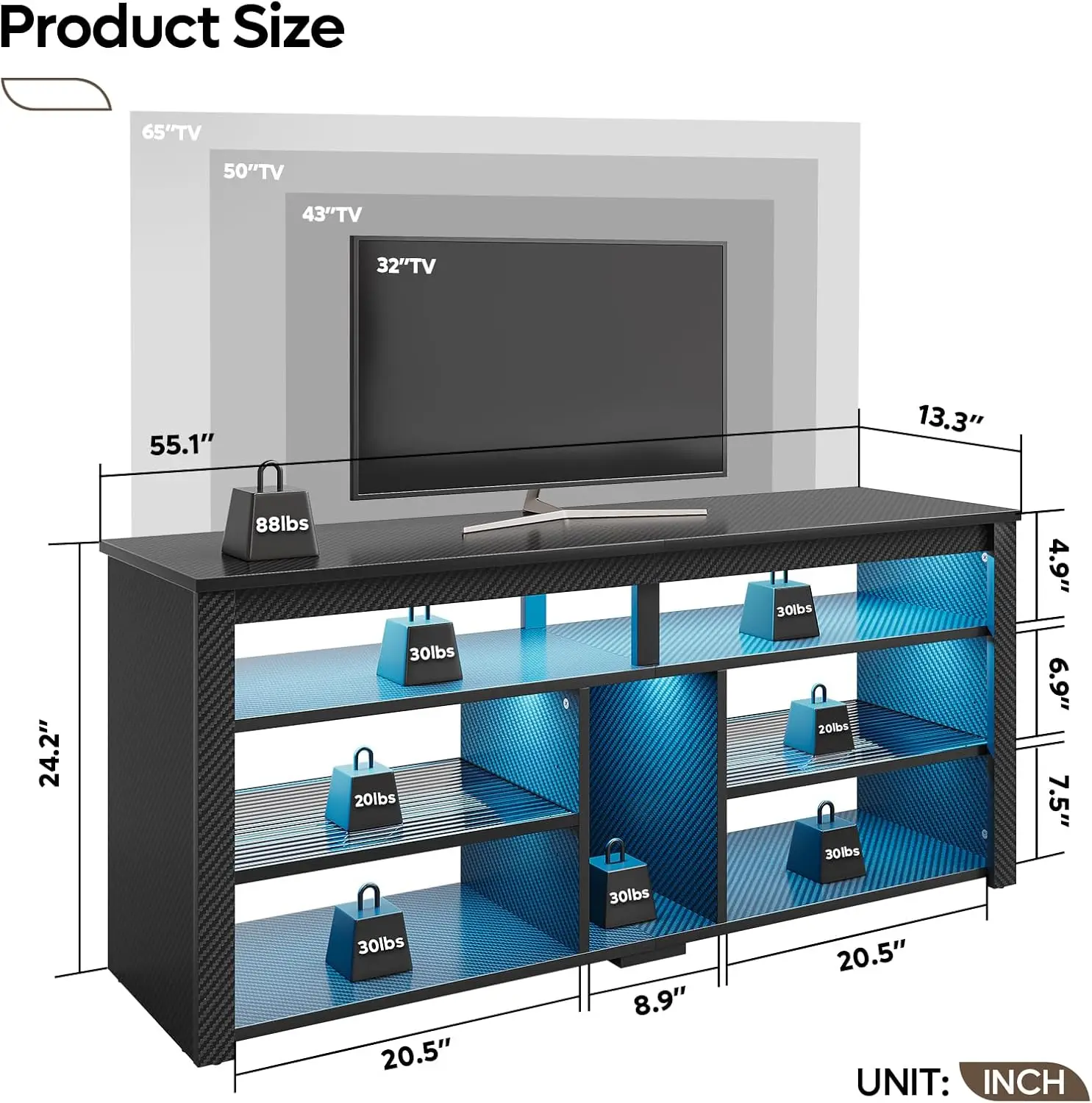 LED Tall Entertainment Center, 55 inch TV Stand for 55/60/65 inch TV, Gaming TV Cabinet with Storage for PS5 Xbox