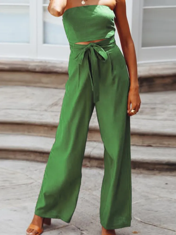 2025 Summer Lady Jumpsuit Casual Off Shoulder Sleeveless Large Size Cut Out Belted Wide Leg Rompers Women Jumpsuit