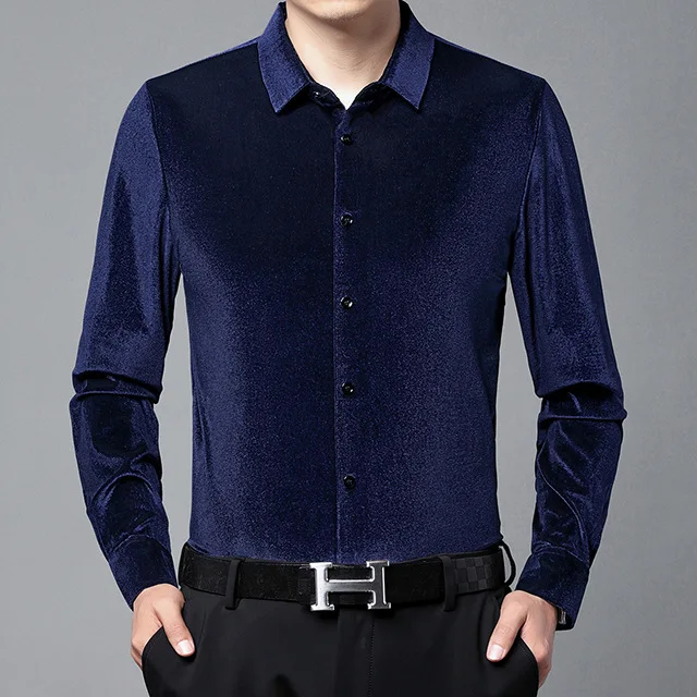 Luxury Royal Blue Velvet Mens Dress Shirts 2022 Winter New Slim Fit Long Sleeve Velour Shirt Men Casual Soft Button Down Chemise