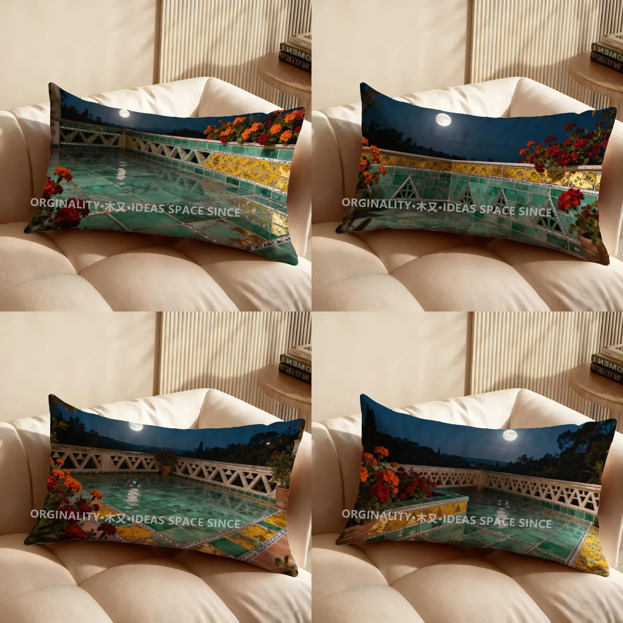 Funda de cojín rectangular con diseño de piscina iluminada por la luna y borde floral, adecuada para sofá, dormitorio, coche.