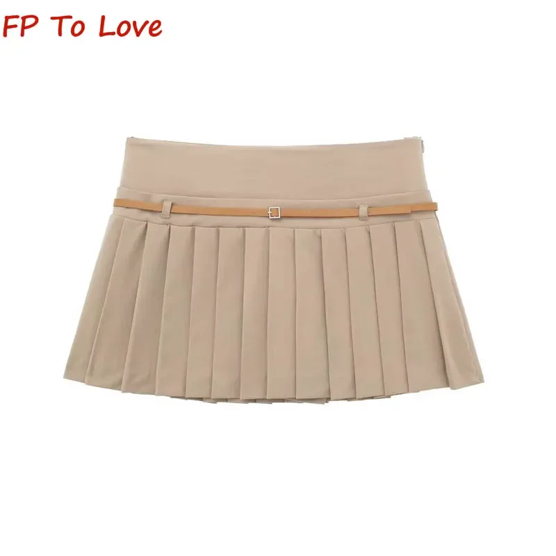 

High Waist Skinny Hottie Pleated Skirt Khaki Belt Trim Short Skirt PB&ZA Woman Wide Pleated Culottes7385402