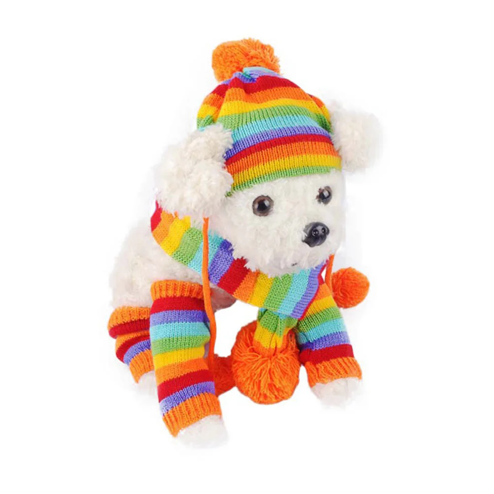

1Set Rainbow Color Xs Dog Warm Costume Knitted Scarf Hat Set Winter Festival Pet Clothing for Holiday Party Photo Shoots