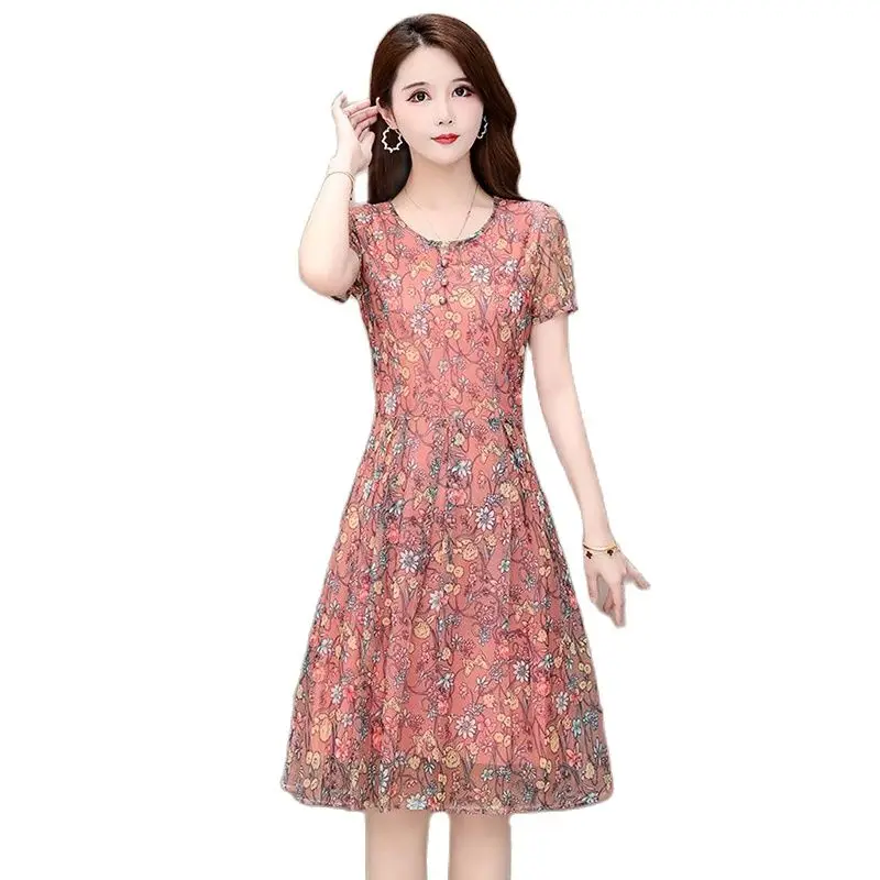 

Fashion Dress Summer Middle-aged Women's 2023 New Middle-Aged And Old-aged Short Sleeve Loose Slim Print Long Skirt Female Tide