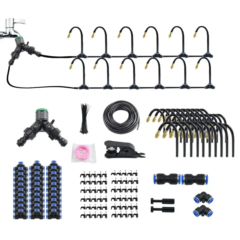 i DaringFish 8mm Free Bending Brass Atomizing Nozzle Kit -5-30M Pressure-Powered 3L Fine Misting Pump System for Gardens