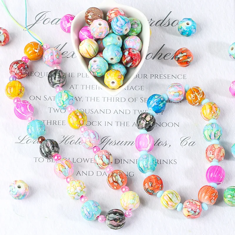 New Mixed Color 10/pcs Wholesale Acrylic Pumpkin Shape Beads DIY Bracelet Phone Chain Watercolor Design