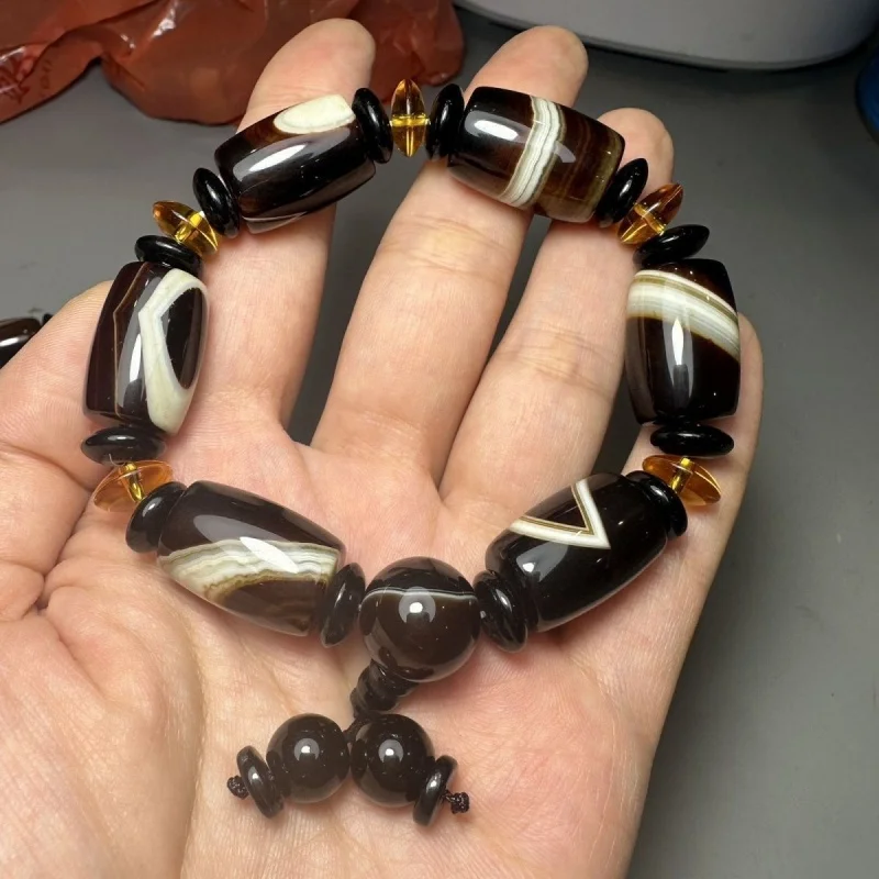 New Natural Twining Line Agate Coffee Color Barrel Beads Elegant Domineering Radiation-Proof Jade