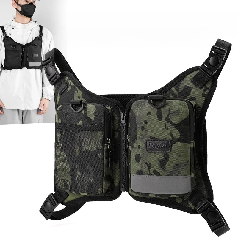 

Nylon lightweight camouflage men's chest bag with reflective strips, night running women's vest bag, cycling waterproof backpack