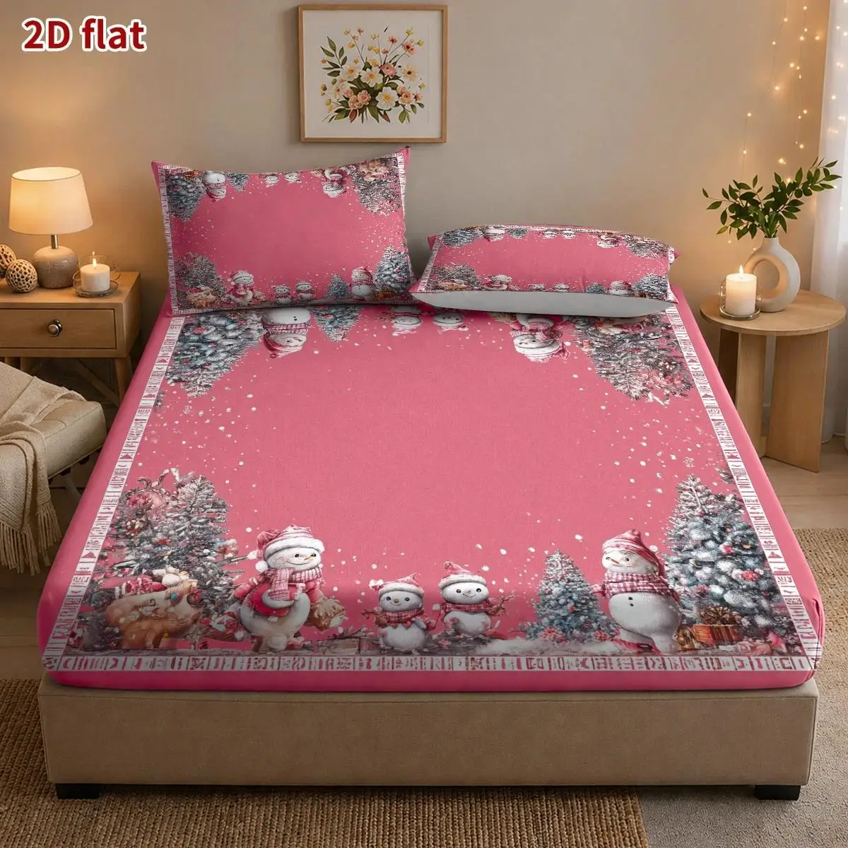 Christmas 2D Digital Print Three-Piece Bedding Set (Includes 1 Fitted Sheet + 2 Pillowcases) Mattress Protector, Fitted Sheet Style, Protective Cover, 2D Flat Priting, Pink Snowman Forest Border Decorative Painting, Warm Cartoon Illustration Style, Festive Atmosphere, Suitable for All Seasons, Machine Washable, Holiday Decoration, Various Sizes, Breathable Protective Cover Plus Pillowcase