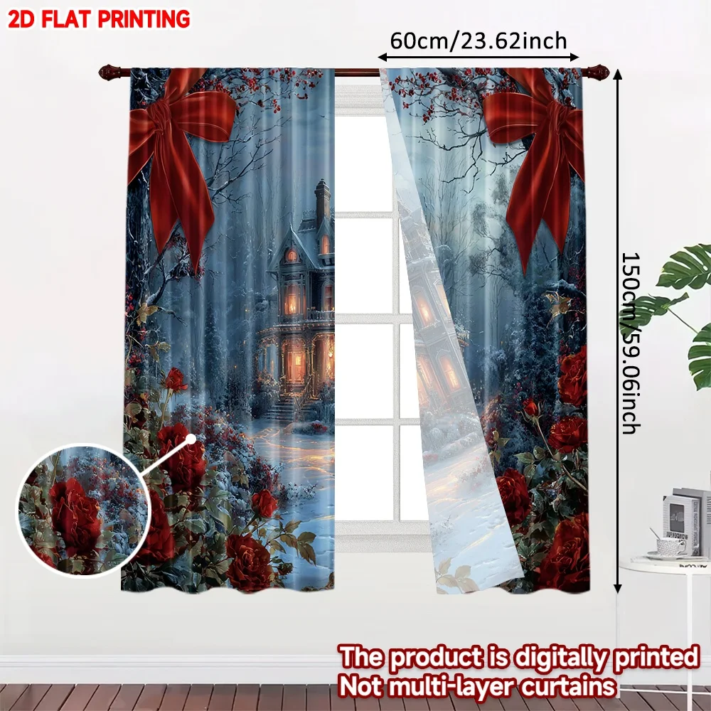 2D الطباعة المسطحة 2PCS عيد الميلاد المشهد الستائر الشتاء ليلة القلعة روز حلم الطباعة الرقمية المطبوعة البوليستر الستائر عيد ميلاد