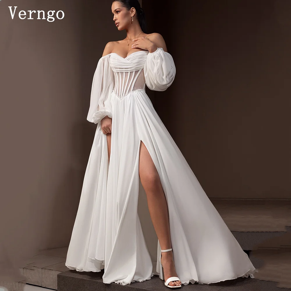 Verngo lvory Chiffon Boho Wedding Dress Square Collar Full Sleeves A Line Bridal Gowns Elegant Modern Bride Dresses Customized