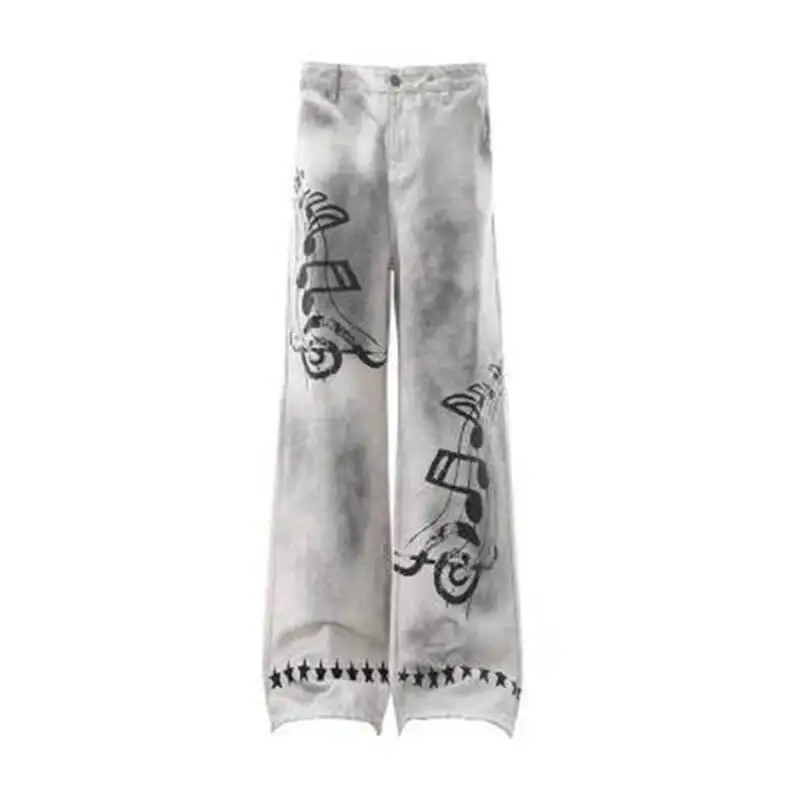LUZHEN 2026 New Original Musical Note Printed Tie-dyed Vintage Style Straight Casual Jeans Men Trendy Street Denim Pants JY7872