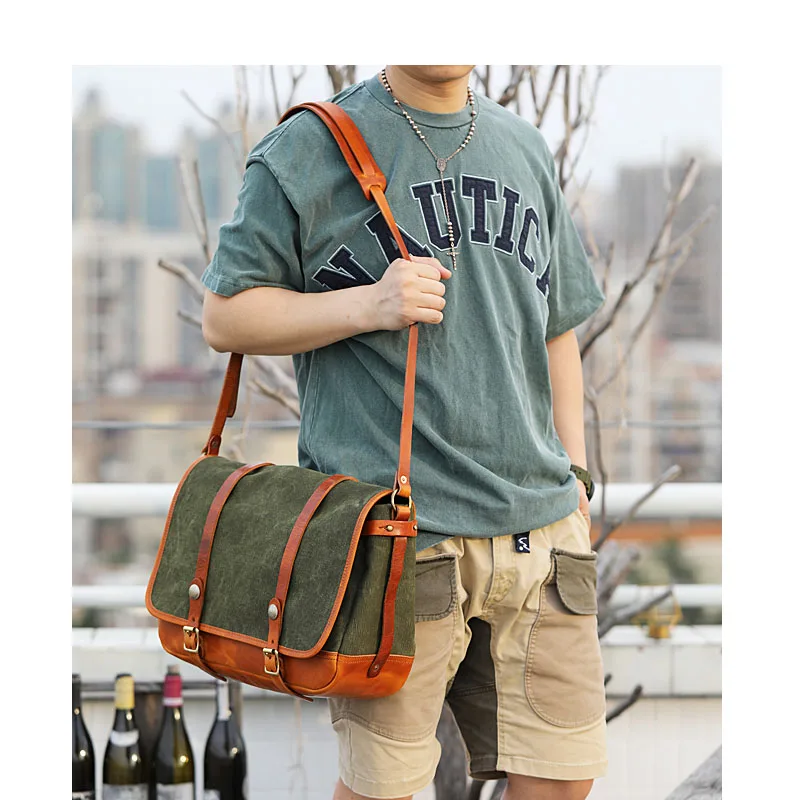 Retro Canvas Stitching Leather Men's Crossbody Shoulder Bag 14 Inch Laptop Large Capacity Computer Messenger Bags Schoolbag