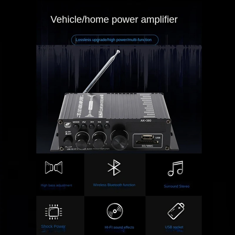 AK380 Hifi Audio Home Digital Amplifiers Car Audio Bass Power Bluetooth Amplifier FM USB SD Radio Subwoofer Speakers