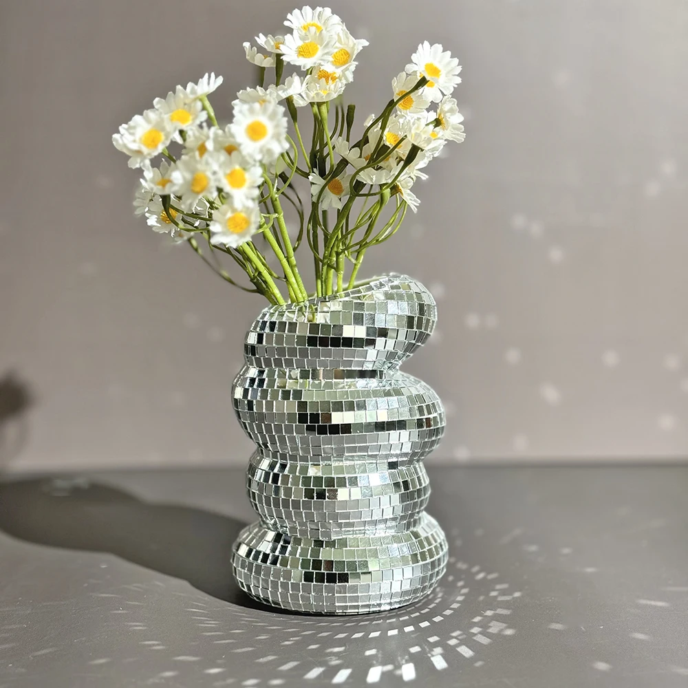 Disco Ball Spiral Vase Unique Glass Tiles Flower Bottle Disco Ball Planter Silver Mirror Vase Home Living Room Office Decor