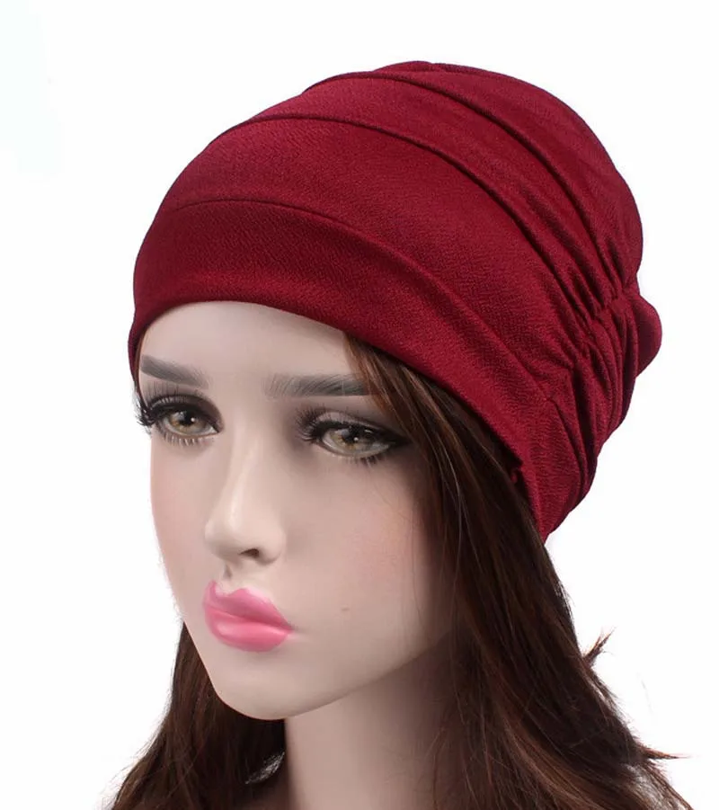 Muslim Women Solid Color Inner Hijab Hat Turban Pleated Soft Beanies Bonnet Hair Loss Headscarf Cancer Chemo Cap Turbante Mujer