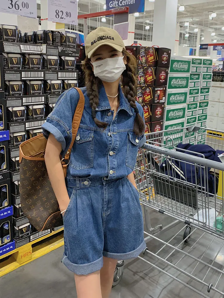 

Korean Style High Waist Short Denim Jumpsuit Women's Summer Slimming Workwear Jumpsuit Cotton Blend Fabric Commute Style