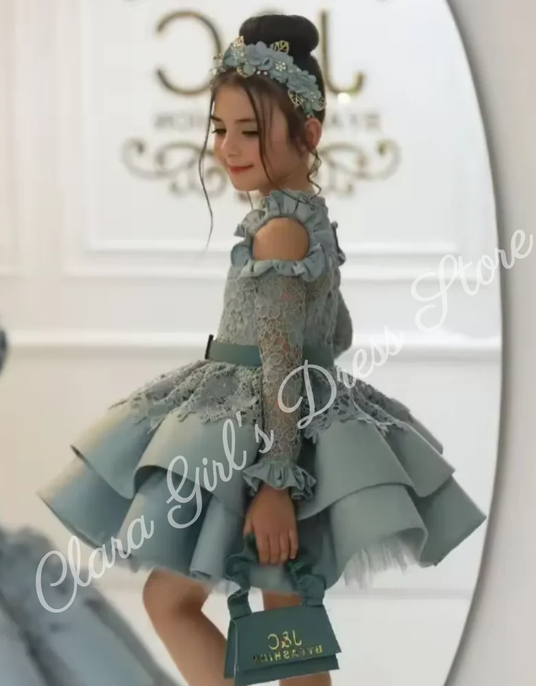 Vestido elegante de princesa con flores para niña, vestido de boda de encaje hasta la rodilla de satén para niña, vestido de primera comunión para fiesta de cumpleaños