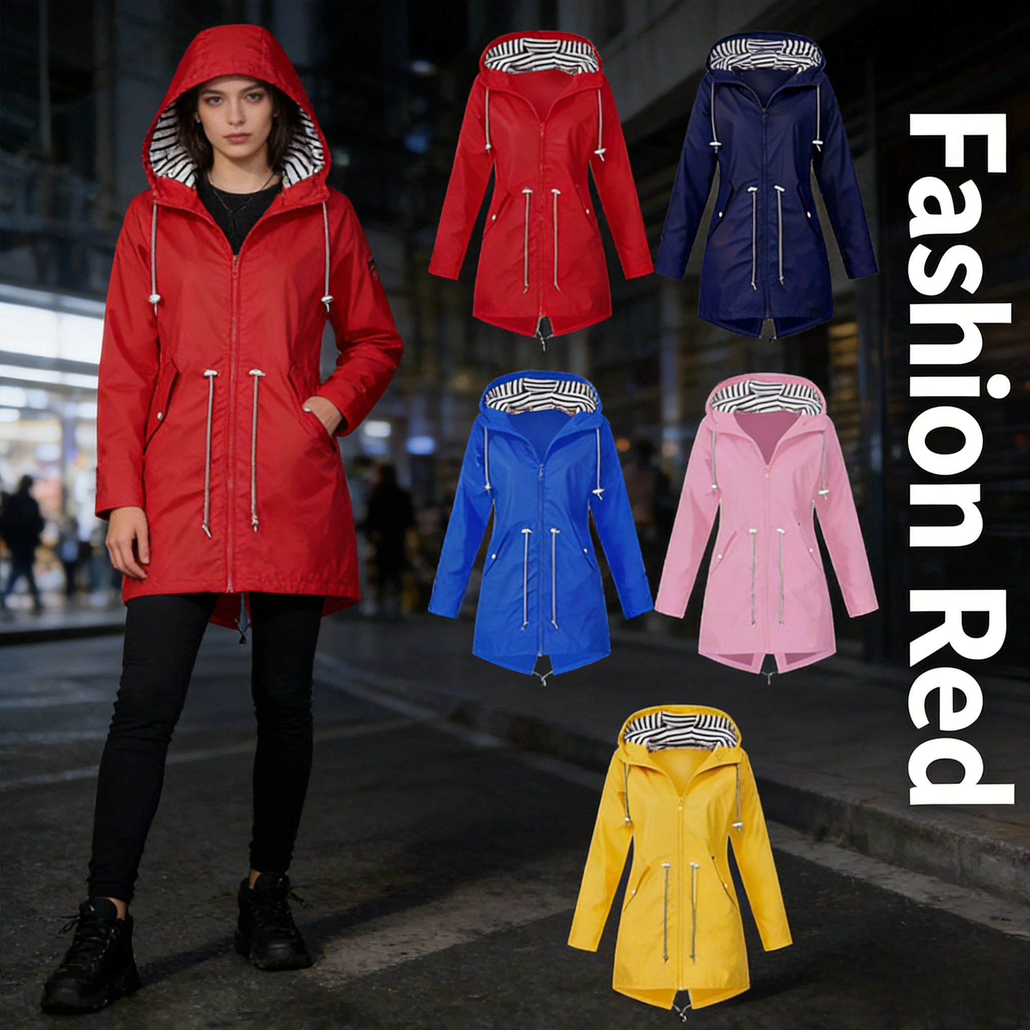 2026 Waterproof Raincoat Casual Basic Outdoors Trench Lightweight Drawstring Jackets Hiking Clothes for Women Womens
