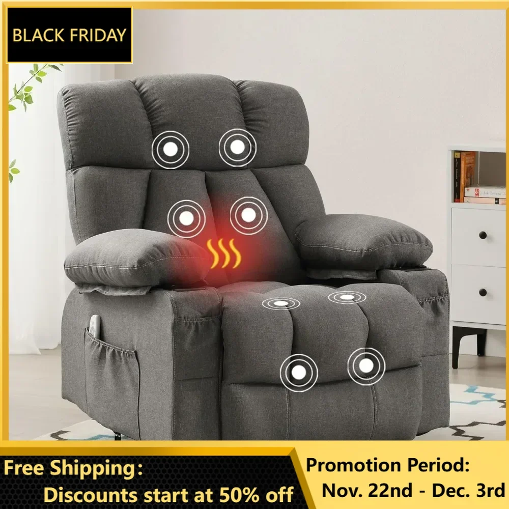 Oversized Massage Swivel Rocker Recliner Chair with Heat and Vibration Rocking with 4 Pockets, 2 Cup Holders USB Port, Chair