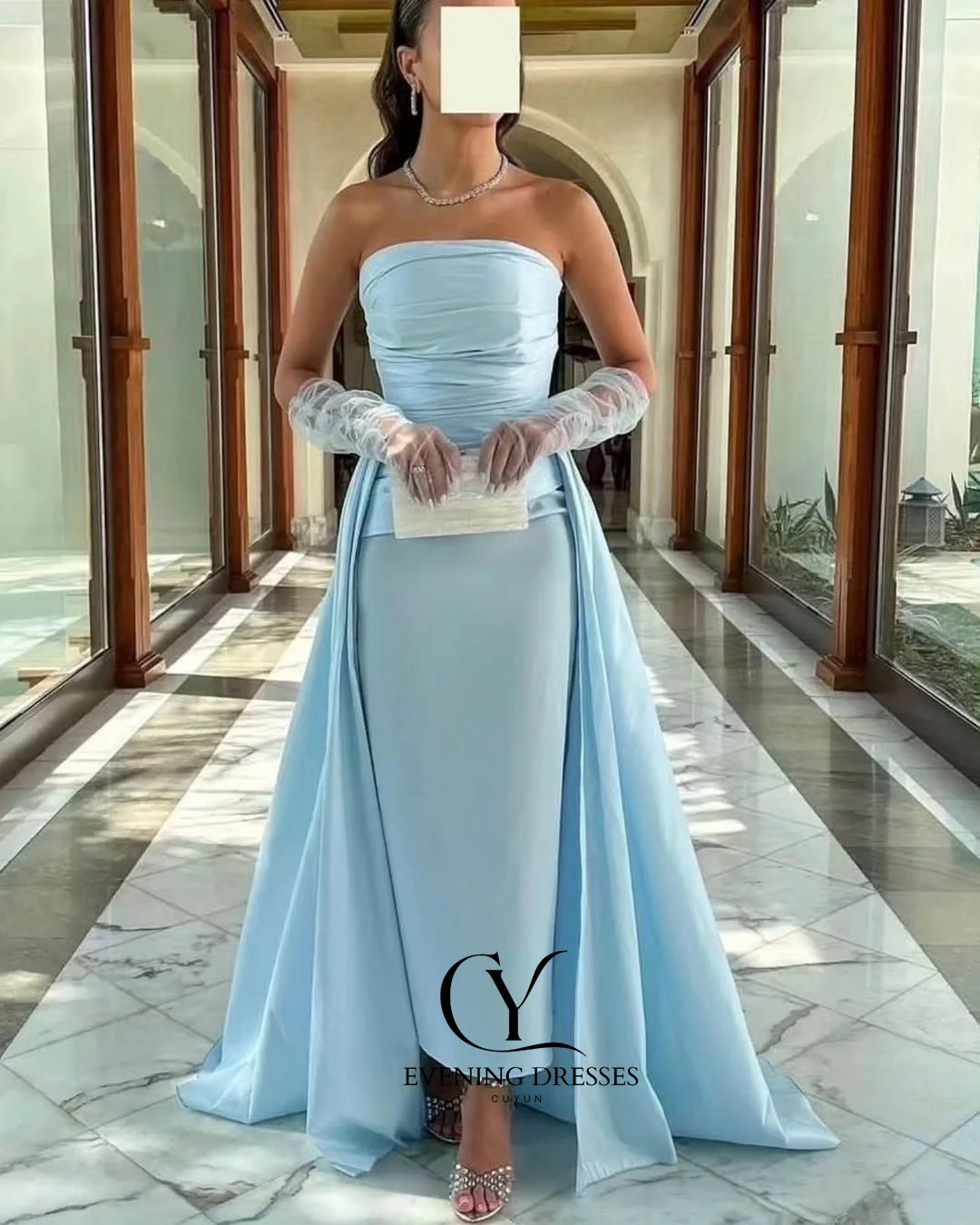CUYUN Elegant Blue Evening Gown Saudi Arabia Strapless Satin Pleats Prom Gown Long Train With Glove Customized Special Occasion