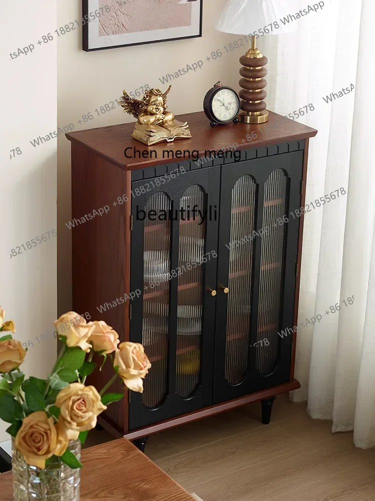 

French retro solid wood glass wine cabinet small apartment living room wall display cabinet, retro wine cabinet