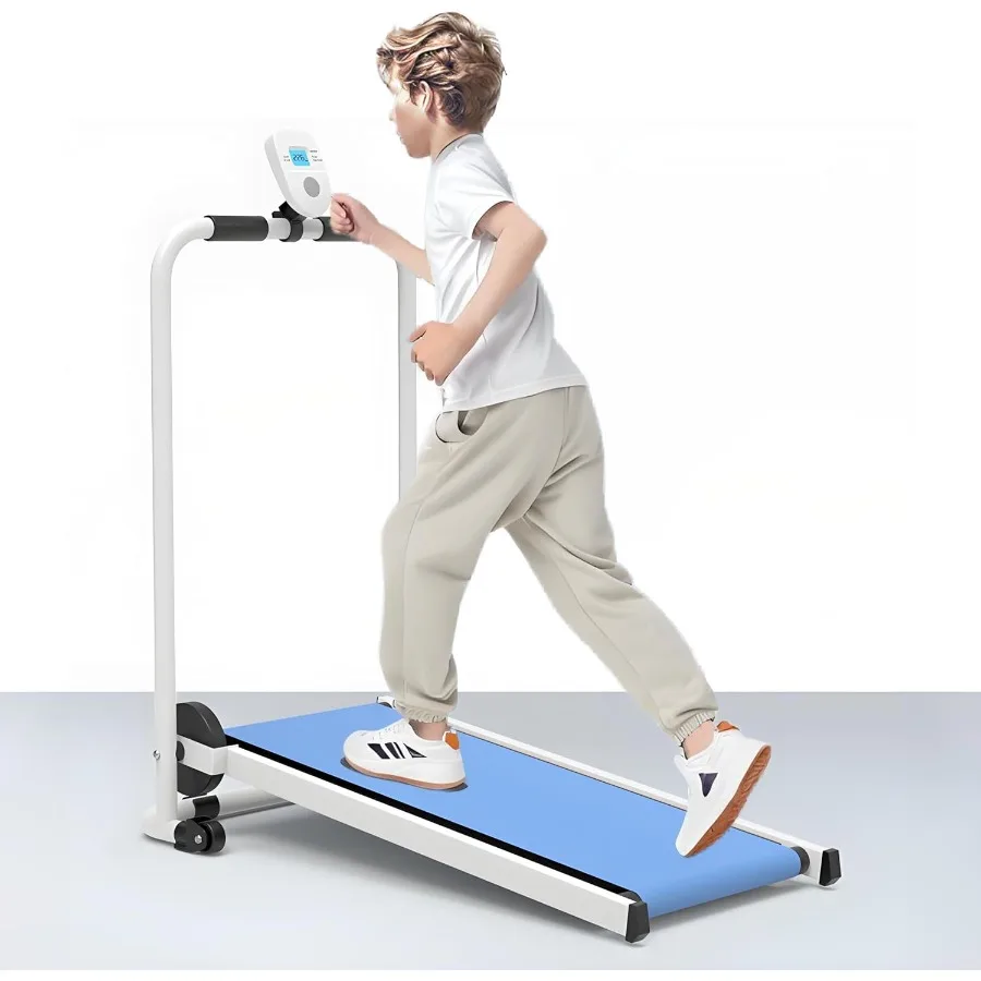 Indoor Play Gym Foldable Treadmill, Self-Propelled Plastic Treadmill in Blue, Compact Exercise Equipment for Ages 3-15 with LCD
