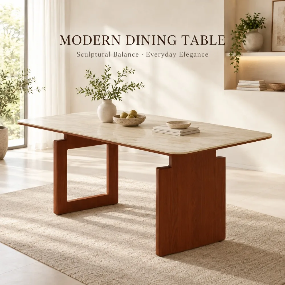 Retro Mid‑Century Travertine Sintered‑Stone Dining Table, Italian Minimalist Rectangular Solid Wood Table for Small Household