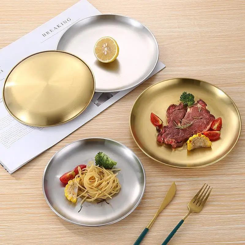 14/17/20/23cm Round Plate Dessert Fruit Dish Barbecue: Bone Spitting 201 Stainless Steel Tray Tableware