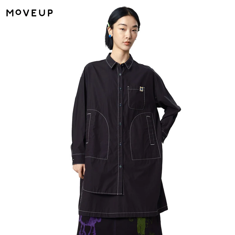 

MOVEUP Long Sleeves Casual Shirt 2026 Spring Bright Line Contrasting Woven Label Asymmetrical Hem Loose Top For Women 325120406
