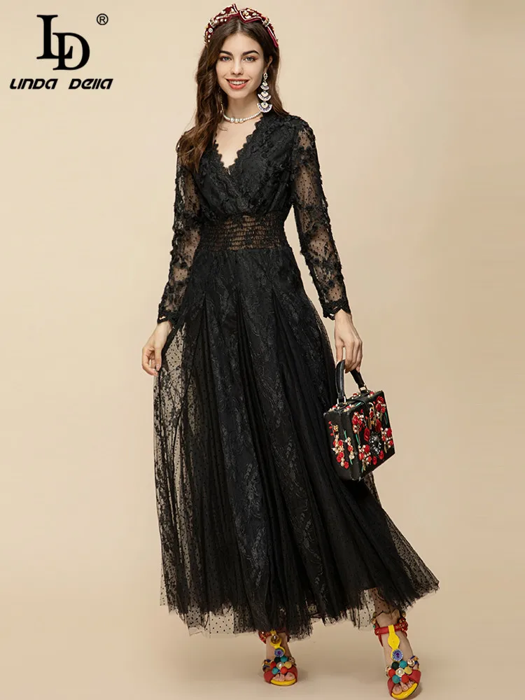 LD LINDA DELLA Fashion Runway Spring Long Dress Women's V-Neck Lace Long sleeve High Waist Black Mesh Vintage Party Dress