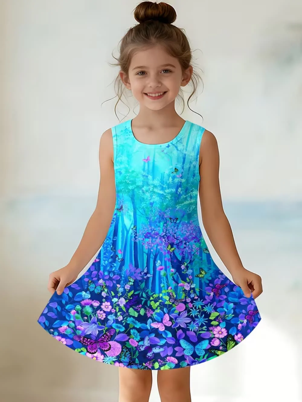 Girl Dresses Colorful Floral Graphic Printed Short Sleeve Dress Summer Vacation Sweet Girl Princess Dress Fashion Casual Clothes