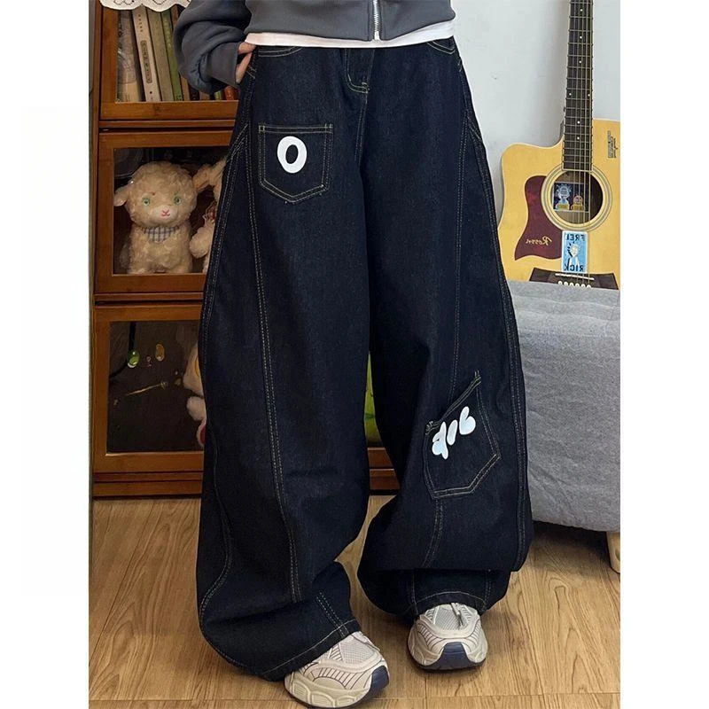 

plus Size 300 Pounds American Retro Pocket Splicing Straight Leg Jeans Men Women Summer Loose Wide Leg Knife Pants