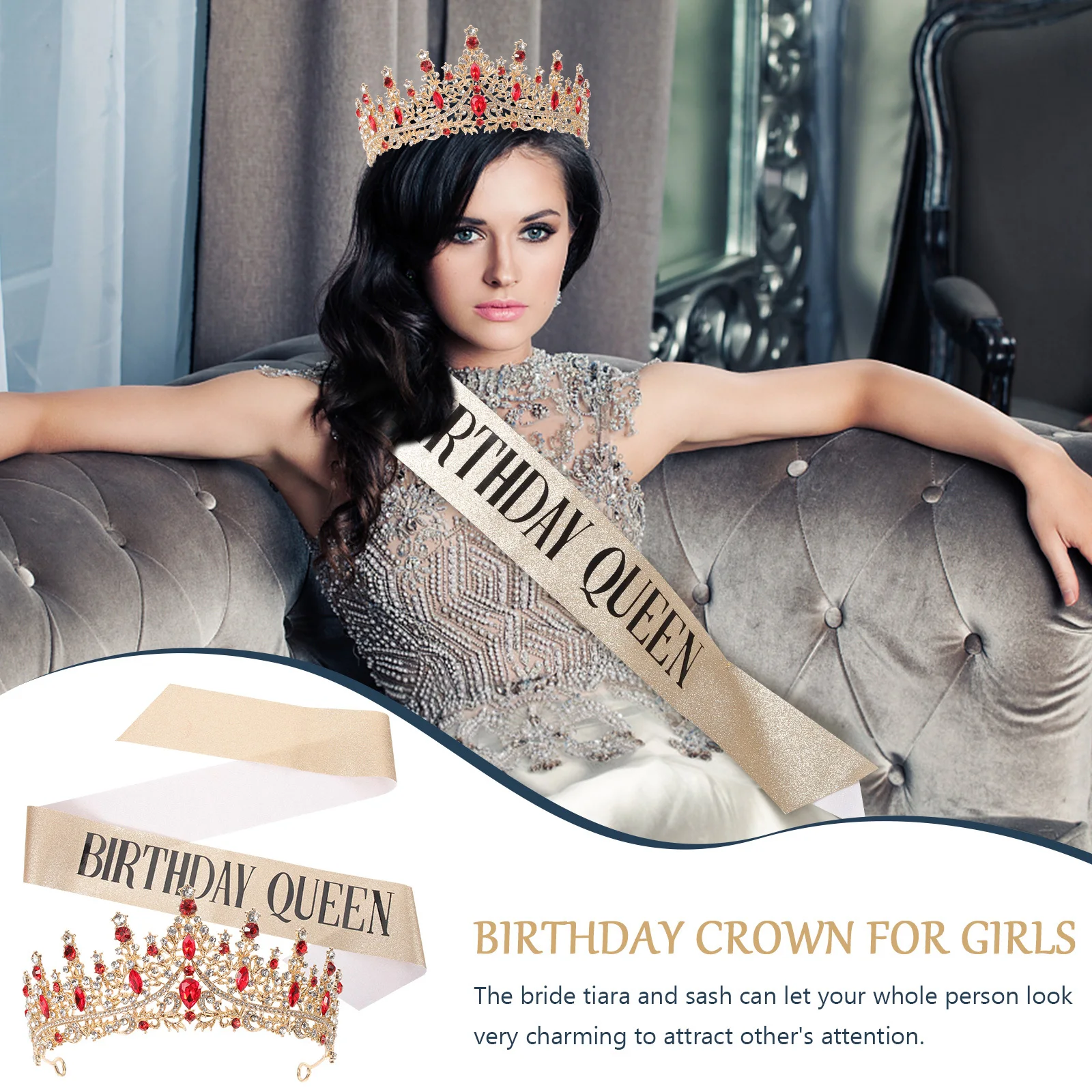 

1 Set Princess Crown Gift For Women Wedding Tiara Sash Set Rhinestone Bride Crown Birthday Party Prom Cosplay Hair Accessory