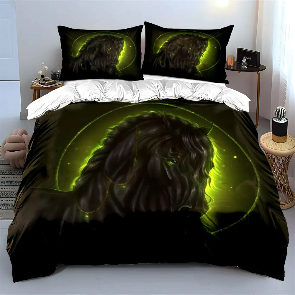 

3Pcs Glowing Black Horse Bedding Set, Neon Green Fantasy Print Duvet Cover + 2 Pillowcases, Mystical Decor