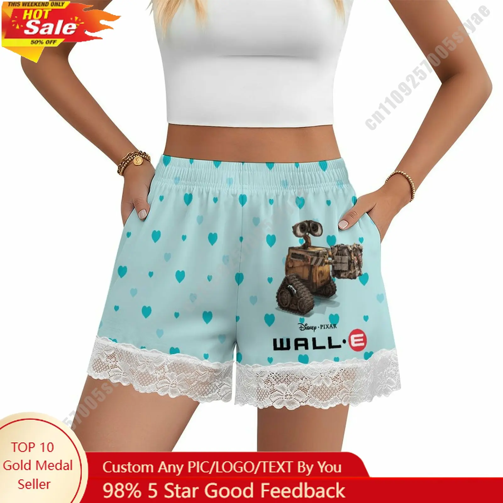

WALL-E Short Pajama Pants Disney Cartoon Women Summer Lace Trim Thin Panties Custom Loose Home Casual Shorts