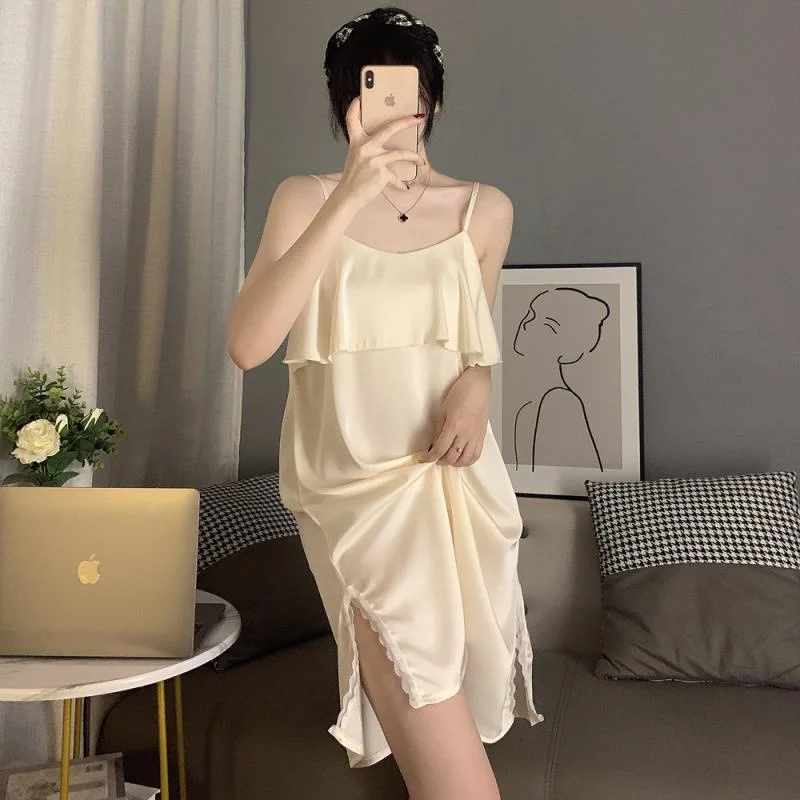 150kg Plus Size Home Dress Women Summer Thin Ice Silk Sleeveless Loungewear Suspenders Mid Length Nightgown Loose Sleepdress 3XL