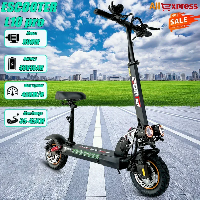 

L10 PRO EScooter 800 Вт Двигатель 48V16AH Аккумулятор Максимальная скорость 45 км/ч Складные электронные самокаты для взрослых Городские шины 10-дюймовые электрические внедорожные скутеры