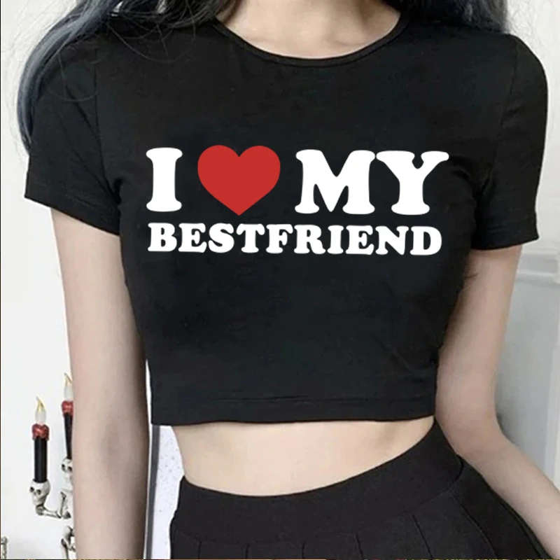 Red Heart I Love My Bestfriend T-Shirt Sexy Crop Tops Cuet Aesthetic Baby Tee 2000s Letter Printed Tops Summer Friend Party Tee