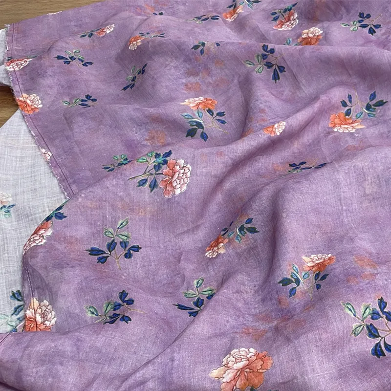 High quality ramie tela subshrubby peony flower printing tissu Summer long skirt, cheongsam,  ancient wind curtain fabric