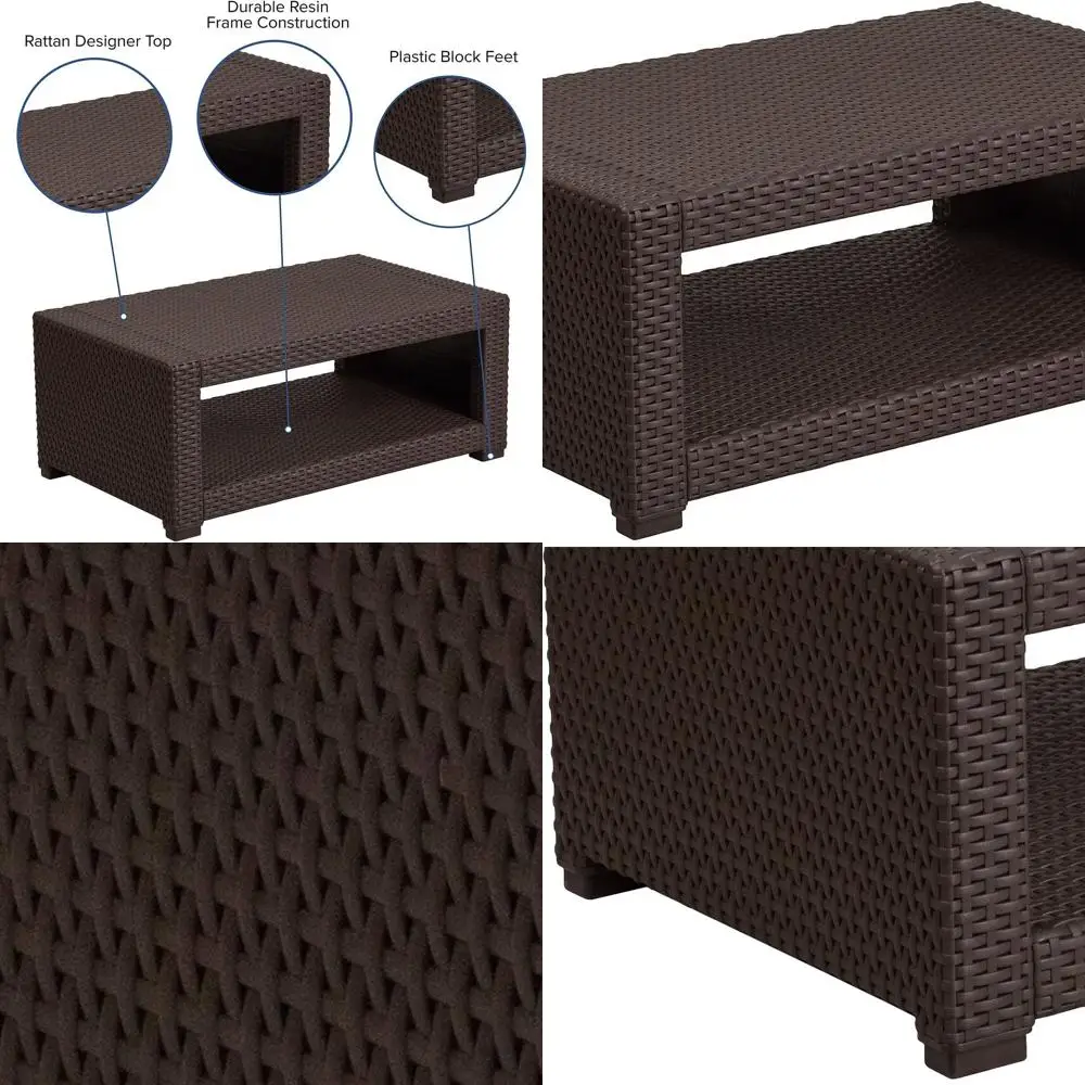 

Журнальный столик в стиле ротанга шоколадно-коричневого цвета с открытым хранилищем для использования в помещении или на открытом воздухе