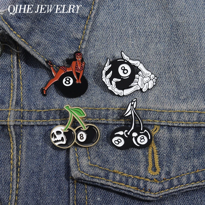 Magische 8-Ball Kirschen Emaille Pins kreative Kirsche schwarz 8 Billard Broschen Rucksack Revers Abzeichen Punk Schmuck Geschenke für Freunde