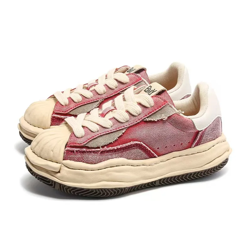 

Custom Handmade Retro Thick Bottom Sneakers Pink Distressed Washed Shell Toe Dissolving Shoes Thick-soled Casual Sneakers Trend